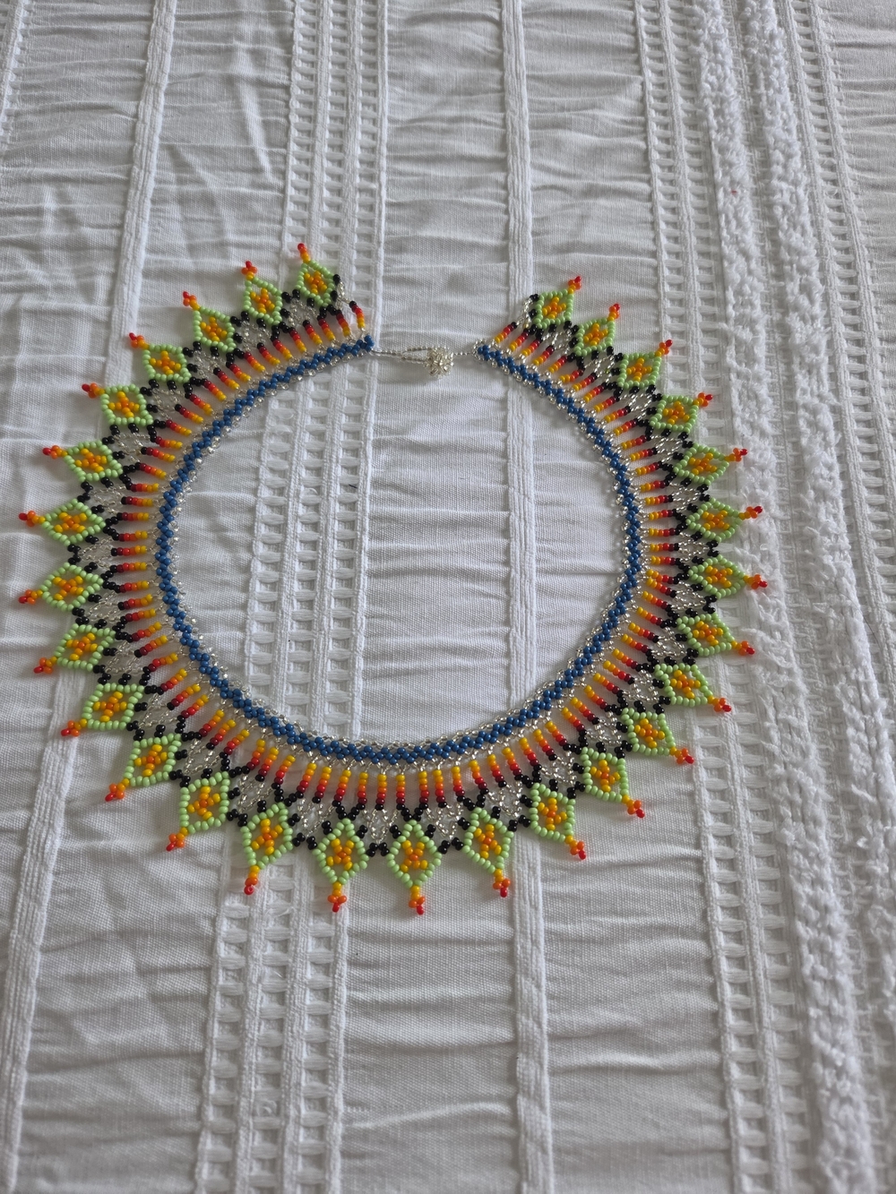 Handcrafted Multicolor Beaded Necklace with Neon Green Accents